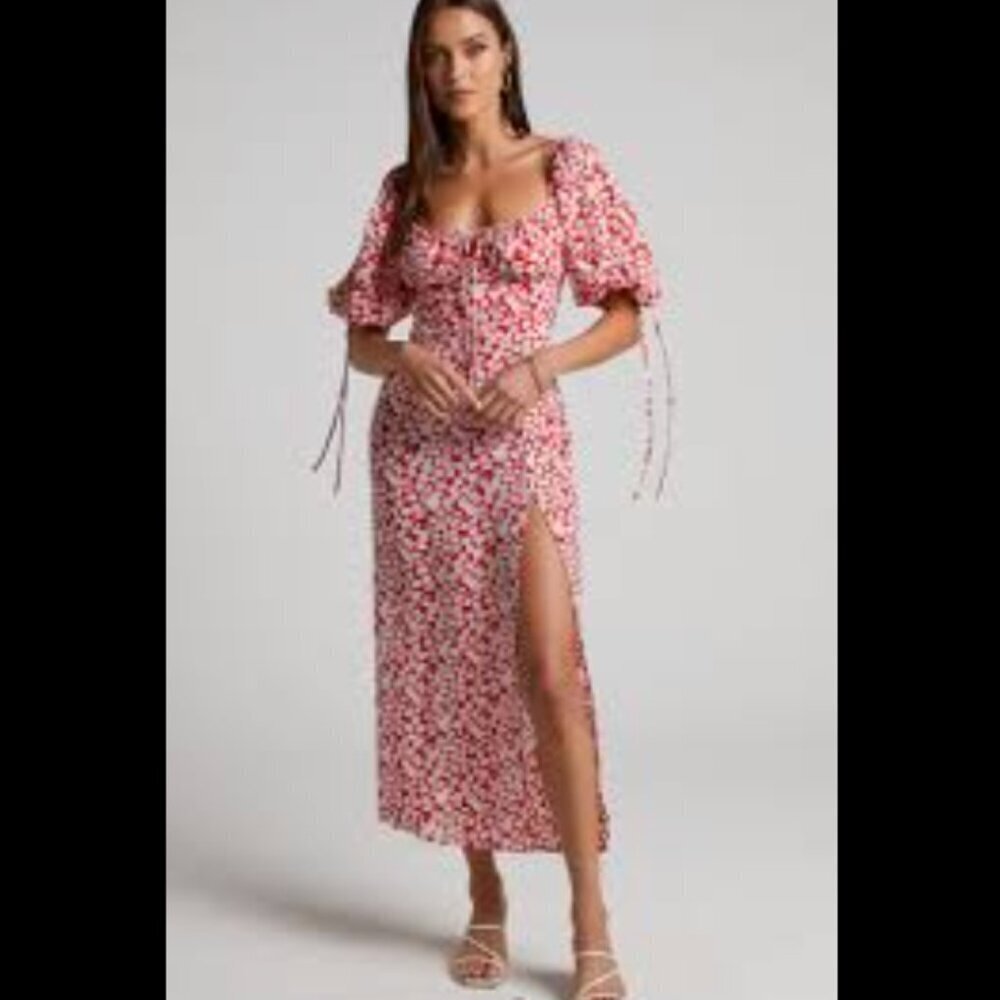 Showpo. Red and White Ditsy Floral Red Dress Midi Slitted Dress Size 16